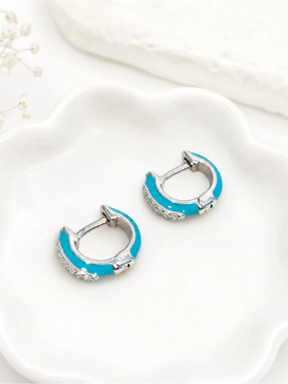 925 Sterling Silver Turquoise Enamel Huggie Hoop Earrings with Crystal Accents